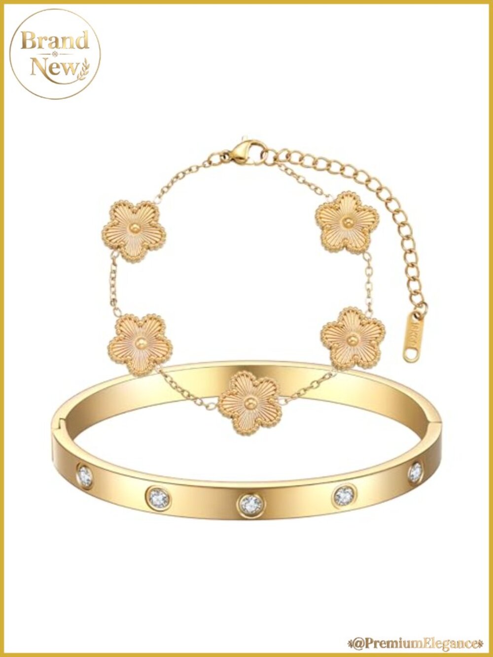 18K Gold Plated Clover Bangle Bracelet Set for Women - Stainless Steel, Trendy